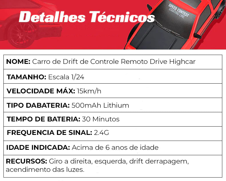 Carrinho de DRIFT de Controle Remoto + BRINDE