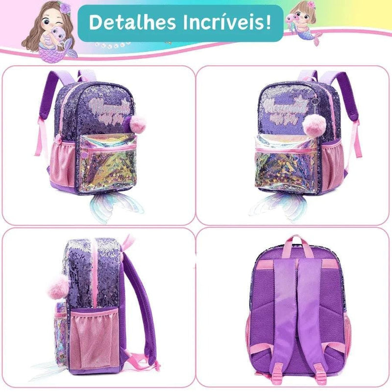 Mochila Infantil Para Meninas Com Lantejoulas - Kit Completo