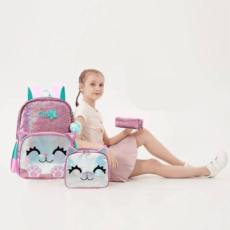 Mochila Infantil Para Meninas Com Lantejoulas - Kit Completo