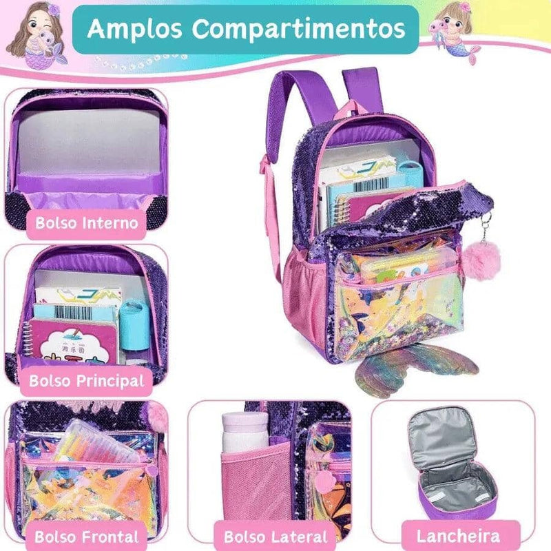 Mochila Infantil Para Meninas Com Lantejoulas - Kit Completo