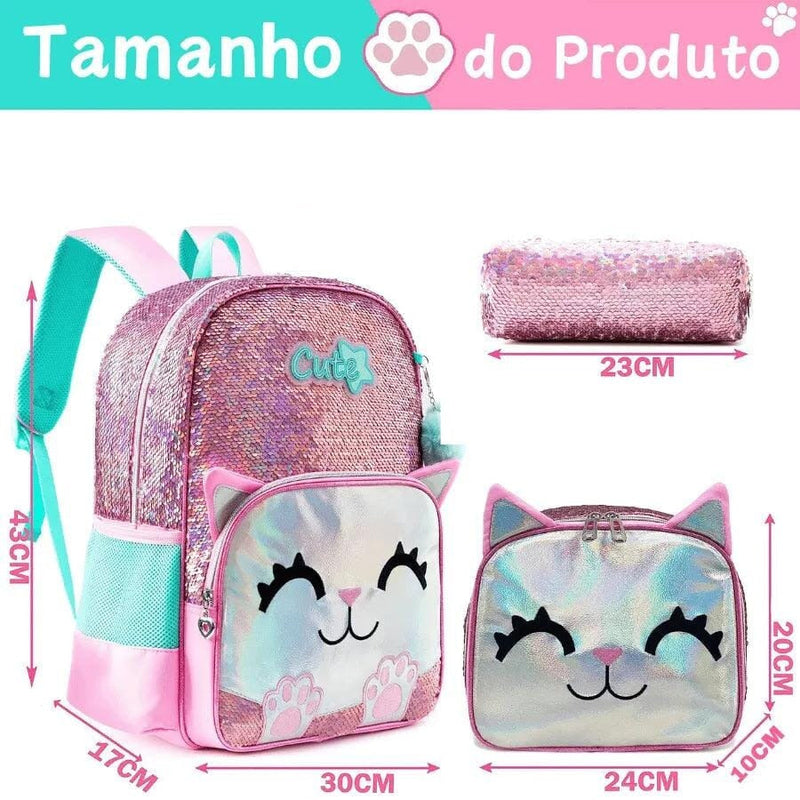 Mochila Infantil Para Meninas Com Lantejoulas - Kit Completo